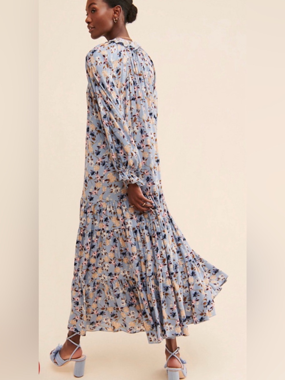 Women's Light Blue Floral Maxi Dress with Ruffled Neckline
